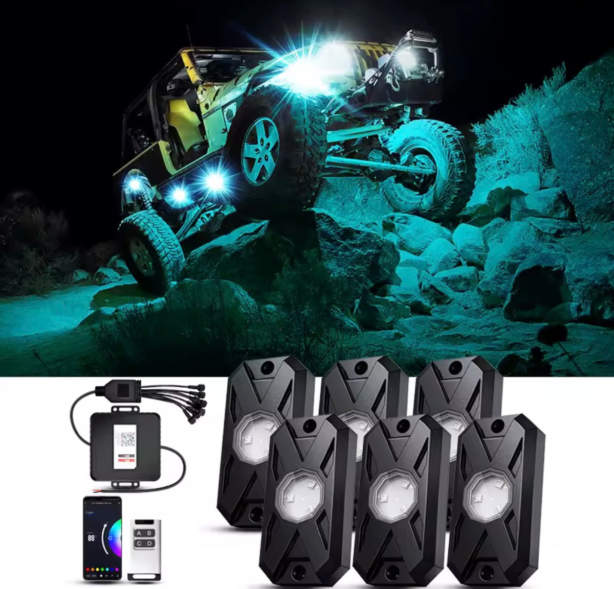 8 Pods RGB LED rock lights Bluetooth control.