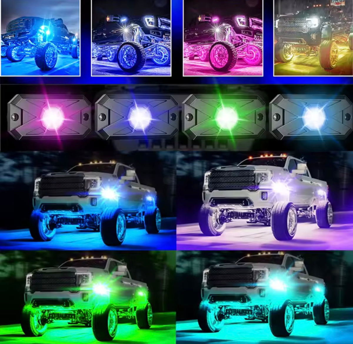 8 Pods RGB LED rock lights Bluetooth control.
