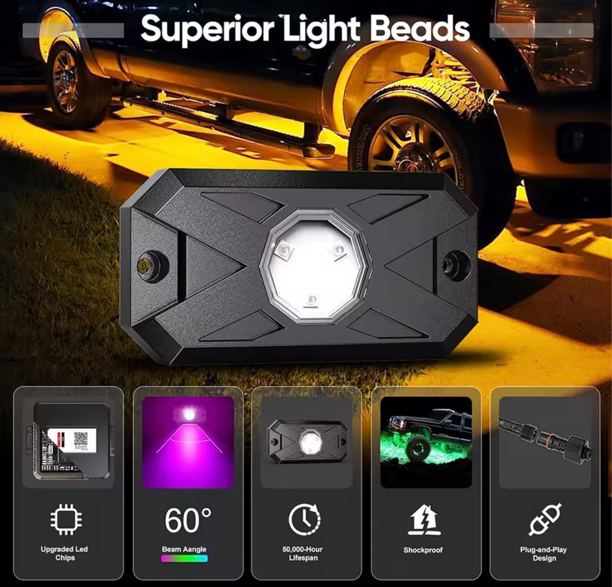 8 Pods RGB LED rock lights Bluetooth control.