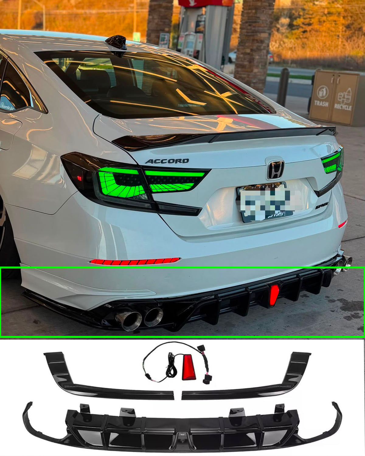 YOFER body kit for 2018-2022 Honda Accord: rear diffuser, bumper lip, gloss black, lower spoiler splitter.