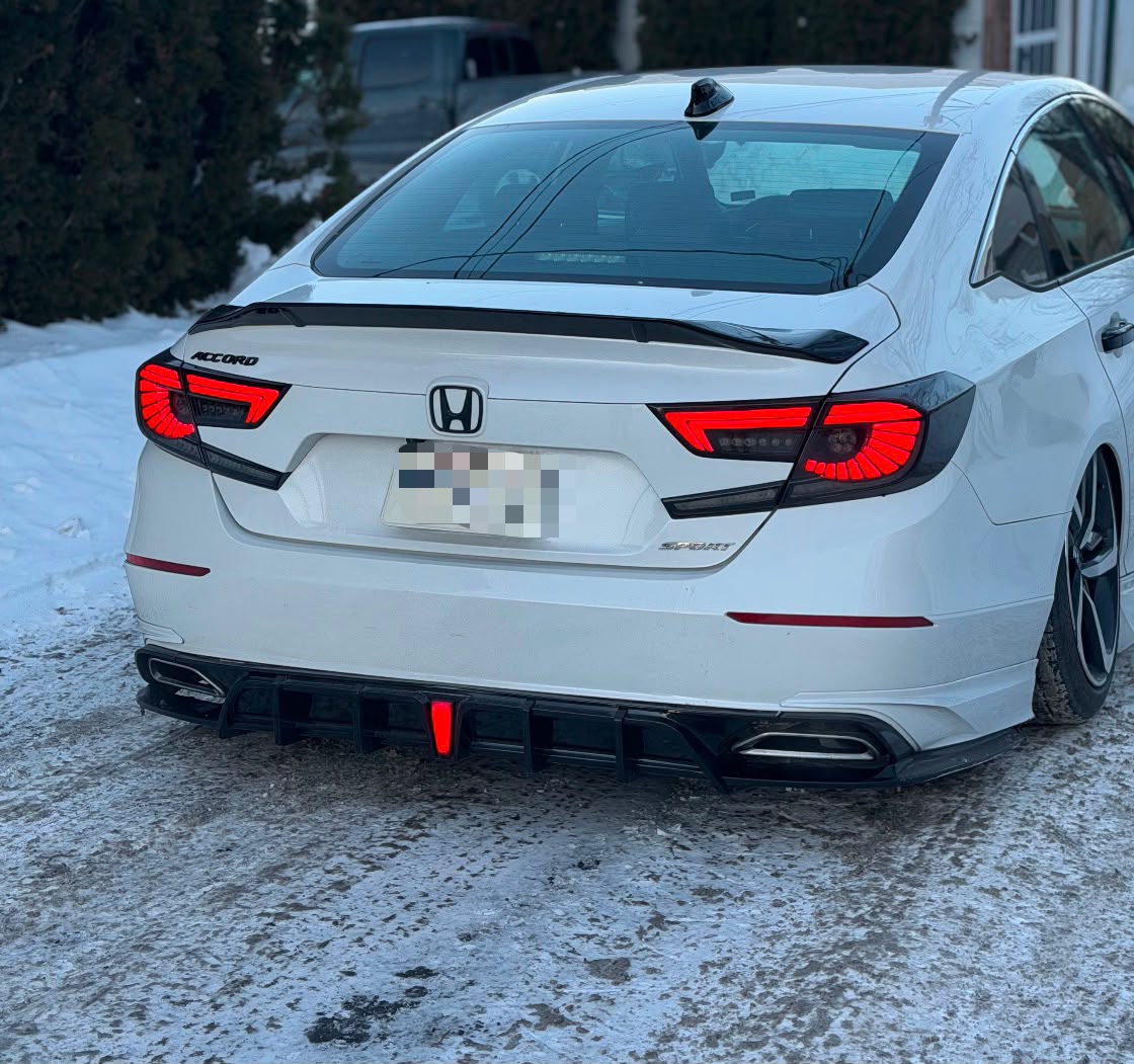 YOFER body kit for 2018-2022 Honda Accord: rear diffuser, bumper lip, gloss black, lower spoiler splitter.